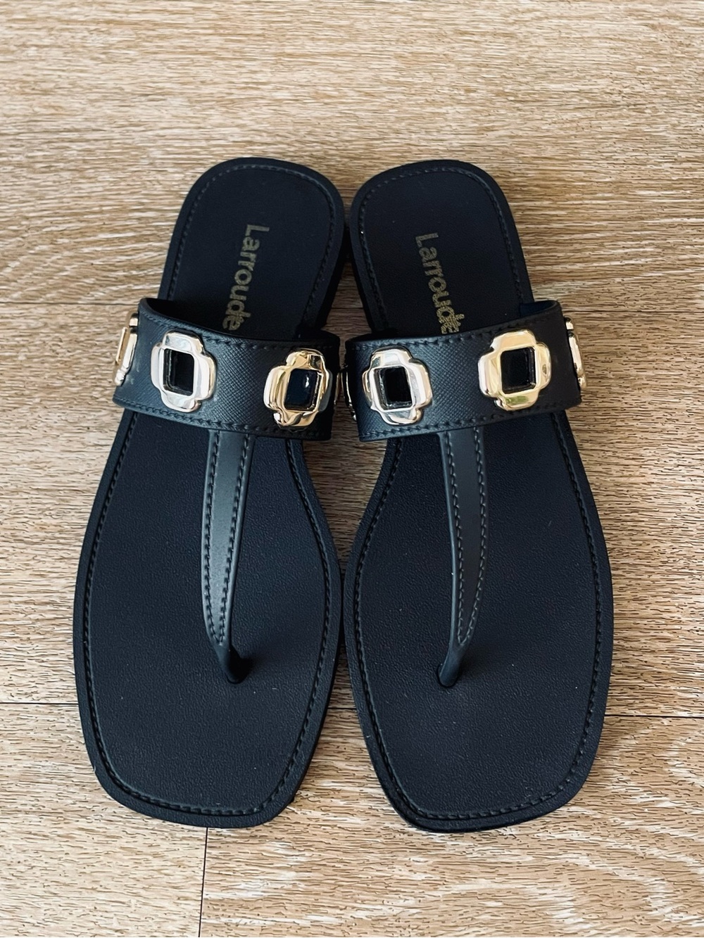 Larroude Black Sandal Thongs with Gold Buckle Detail - Picture 2 of 5